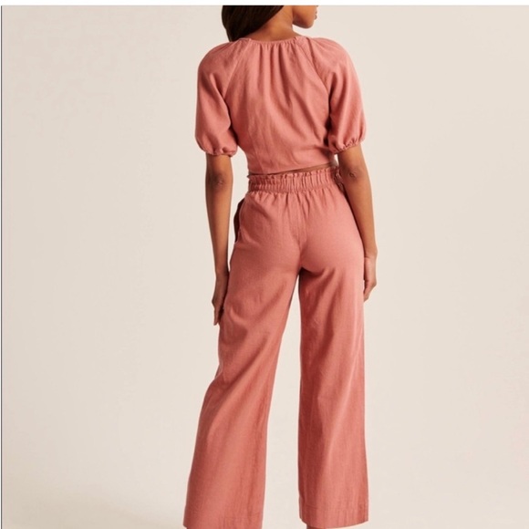 Abercrombie & Fitch High Rise Elastic Waist Linen Wide Leg Crop Pant Coral Large - Picture 3 of 12